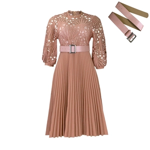 Detail of elegant lace hollow design and pleated skirt of this solid color maxi dress