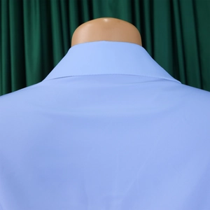 Close-up detail of the classic light blue lapel collar on this elegant pleated dress