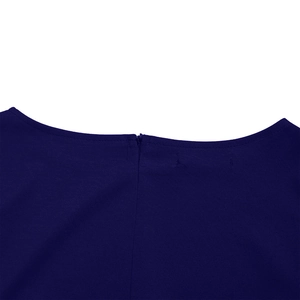 Close-up of the elegant navy blue dress showing a seamless invisible zipper on the neckline