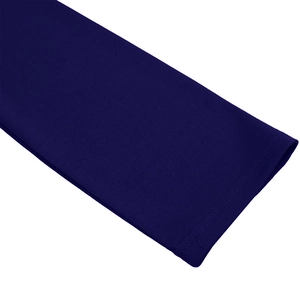 Detail of navy blue stretch knit fabric showing durable double-needle flatlock stitching