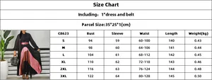 Detailed size chart for long sleeve pleated color block dress with belt measurements