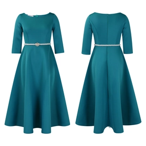 Front and back view of a teal evening gown featuring a pearl beaded waist belt and A-line skirt