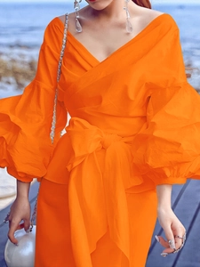 Women Sexy V Neck Wrap Shirt Puff Sleeve Tie Bow Waist Solid Color Elegant Blouse Casual Summer Spring Vacation Top For Women