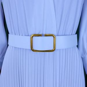 Detail of light blue pleated dress featuring a matching wide belt with a gold buckle