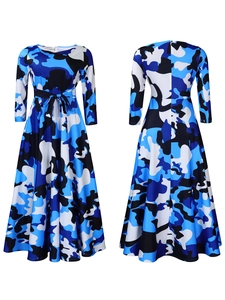 Front and back view of long sleeve floral A-line dress with waist tie and camo print