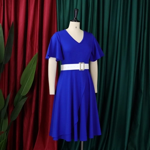 Royal blue V-neck dress with ruffle sleeves and a white belt on a mannequin