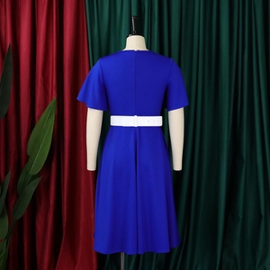 Detail view of a blue V-neck dress back with white wide belt and invisible zipper feature