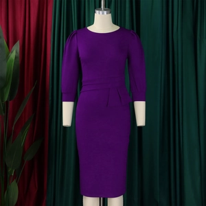 Detail of purple sheath dress with puff sleeves and waist ruffles for elegant OL style