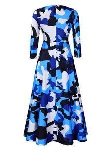 Detailed back view of a maxi dress with blue camo print and invisible zipper closure