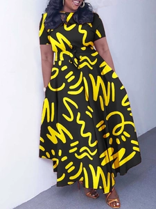 Women Elegant Short Sleeve African Print Maxi Dress Round Neck Lace Up High Waist Big Swing A-Line Dress With Pockets