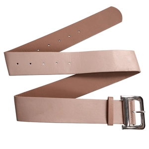 Close-up of pink leather wide waist belt featuring a metallic silver D-shaped buckle