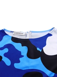 Detail of blue camo print dress featuring brand label, size S tag and invisible back zipper
