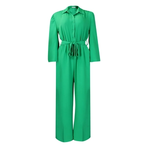 Detail of light green long sleeve jumpsuit with classic lapel collar and waist tie belt