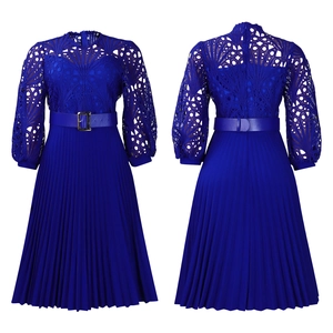 Royal blue lace hollow dress with puff sleeves, matching belt and pleated skirt detail