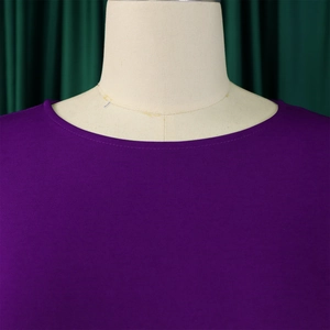 Detail of a deep purple crew neck dress featuring smooth fabric texture and clean seams