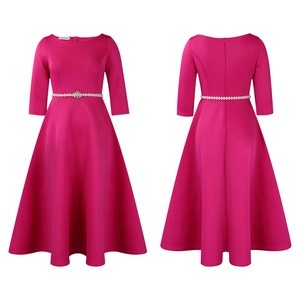 Front and back view of rose red girls party dress with pearl and rhinestone belt