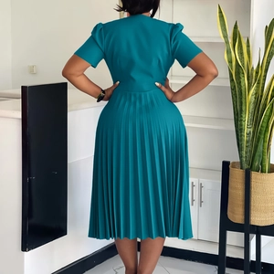 Detail of teal short sleeve pleated dress with puff sleeves and cinched waist back view