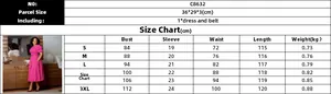 Size chart for elegant round neck dress with puff sleeves and belt in vibrant rose red