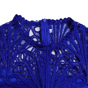 Detailed close-up of blue lace stand-up collar with an invisible back zipper and L size tag