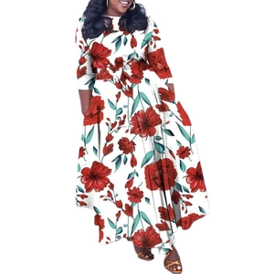Detail of floral printed plus size dress with a waist tie bow and long flared skirt