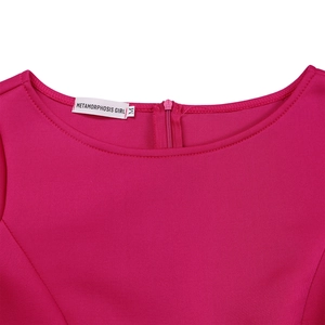 Detail of round neckline and back zipper on rose red dress with brand tag showing size M