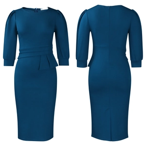 Detailed front and back view of a dark teal midi dress with puff sleeves and ruffles