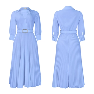Detail of sky blue pleated dress featuring V-neck and waist belt with golden buckle