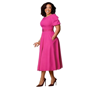 Close-up of elegant rose red midi dress with round neck and buckled waist belt detail