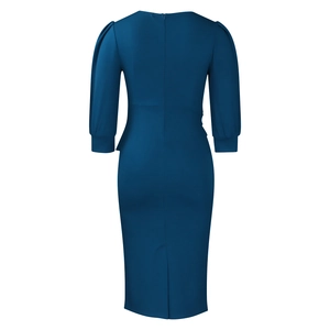 Detail view of the back zipper closure and slit on a slim-fit navy blue midi dress