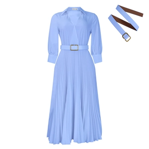 Detail of light blue pleated maxi dress with elegant V-neckline and gold buckle belt