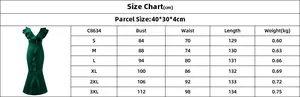 Size chart for women V-neck ruffled evening dress with detailed measurements in cm