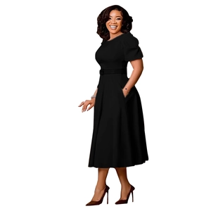 Detail view of the round neck, puff sleeves and belt on the elegant black midi dress