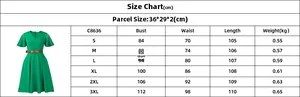 Detailed size chart for V-neck flared sleeve dress showing bust and waist measurements
