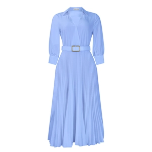 Detail of light blue pleated dress featuring V-neckline and waist belt with golden buckle