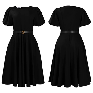 Detail view of black round neck dress with puff sleeves and buckled belt accessory