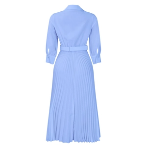 Rear view of light blue pleated maxi dress with lapel collar and matching waist belt