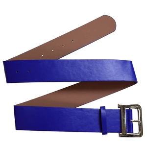 Detailed macro view of royal blue lychee pattern leather belt with a silver D-buckle