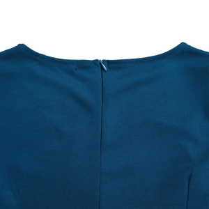 Detail of round neckline and invisible back zipper on a navy blue office sheath dress