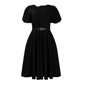 Detail of round neck black A-line dress with puff sleeves and gold buckle belt