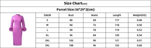 Detailed size chart for elegant slim-fit purple dress with high collar and floral cuffs