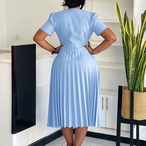 Rear view of light blue V-neck pleated dress with waist cinching and midi length skirt