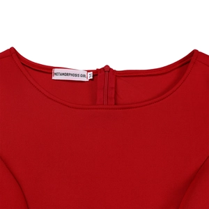 Close-up of red evening gown neckline with round collar and hidden back zipper