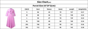 Size guide for pleated midi dress showing bust, waist and length measurements in cm
