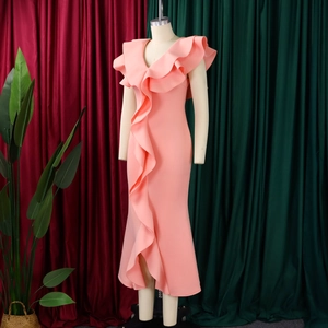Detail of pink V-neck mermaid maxi dress with ruffled sleeves on a fashion mannequin