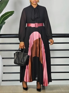 Women Elegant Color Block Pleated Maxi Dress With Belt Long Sleeve Bow Tie Neck Patchwork A-Line Pullover plus size Dress
