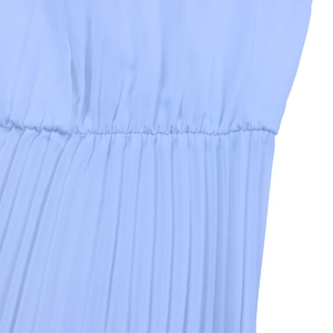 Detail of light blue pleated fabric showing elastic smocking and fine vertical texture