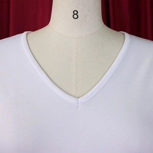 Detailed close-up of a white V-neck dress collar featuring premium stitching on cotton fabric