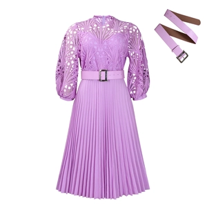 Detail of lavender lace hollow-out dress with pleated skirt and matching belt accessory