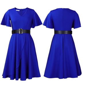 Königsblaues A-Linien-Kleid mit V-Ausschnitt, Volantärmeln und schwarzem Gürtel