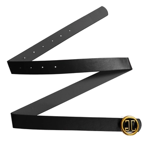 Detail of black leather belt featuring a round golden JC logo buckle and adjustment holes